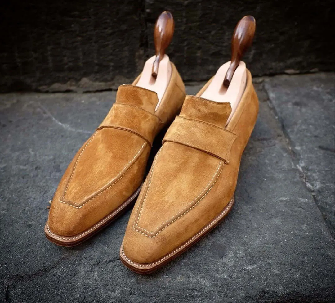 Beige Penny Loafer Suede Whole Cut Shoes,Men's Fashion Shoes