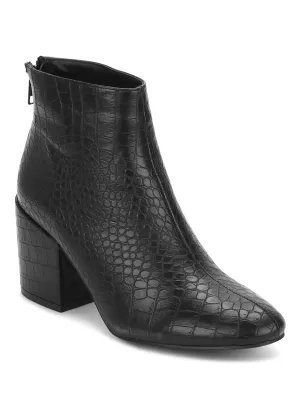 Black Croc PU Back Zipper Low Heel Ankle Boots