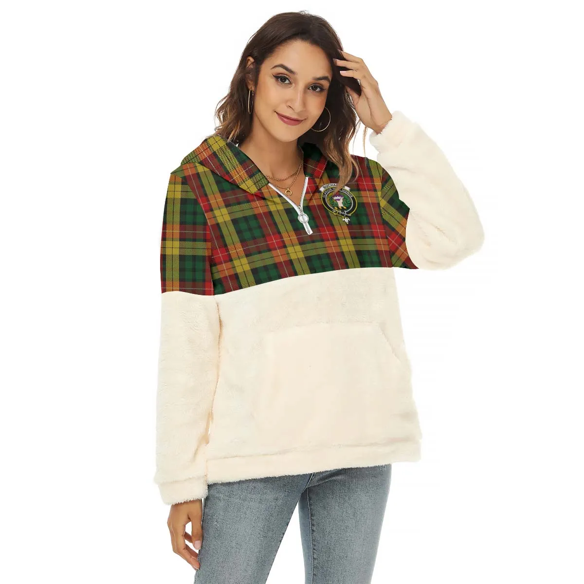 Buchanan Tartan Women's Borg Fleece Hoodie With Half Zip with Family Crest