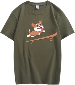 CORIRESHA Teen Cute Shiba Inu Dog Skateboard Round Neck Short Sleeves Cozy T-Shirt