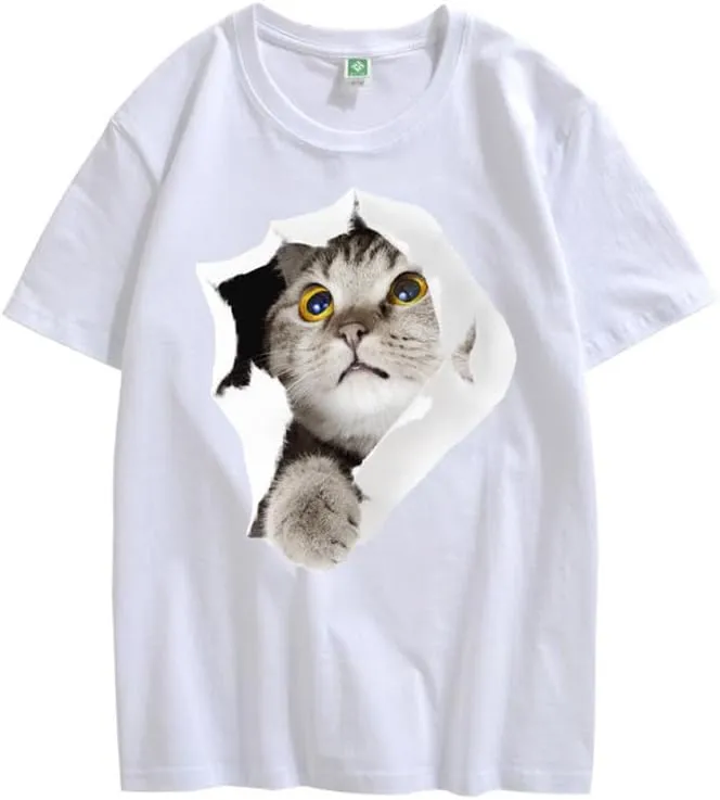 CORIRESHA Teen's Cute Cat Crew Neck Short Sleeve Casual Cozy Cotton T-Shirt