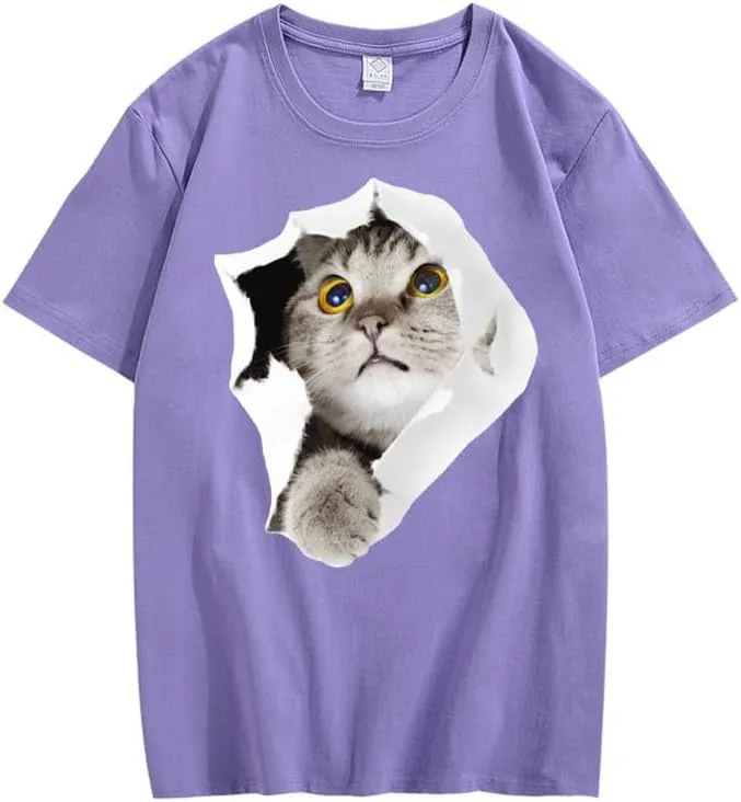 CORIRESHA Teen's Cute Cat Crew Neck Short Sleeve Casual Cozy Cotton T-Shirt