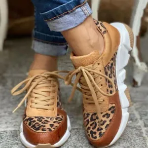 Cross Straps Thick-Soled Leopard Print Shallow Mouth Sneakers