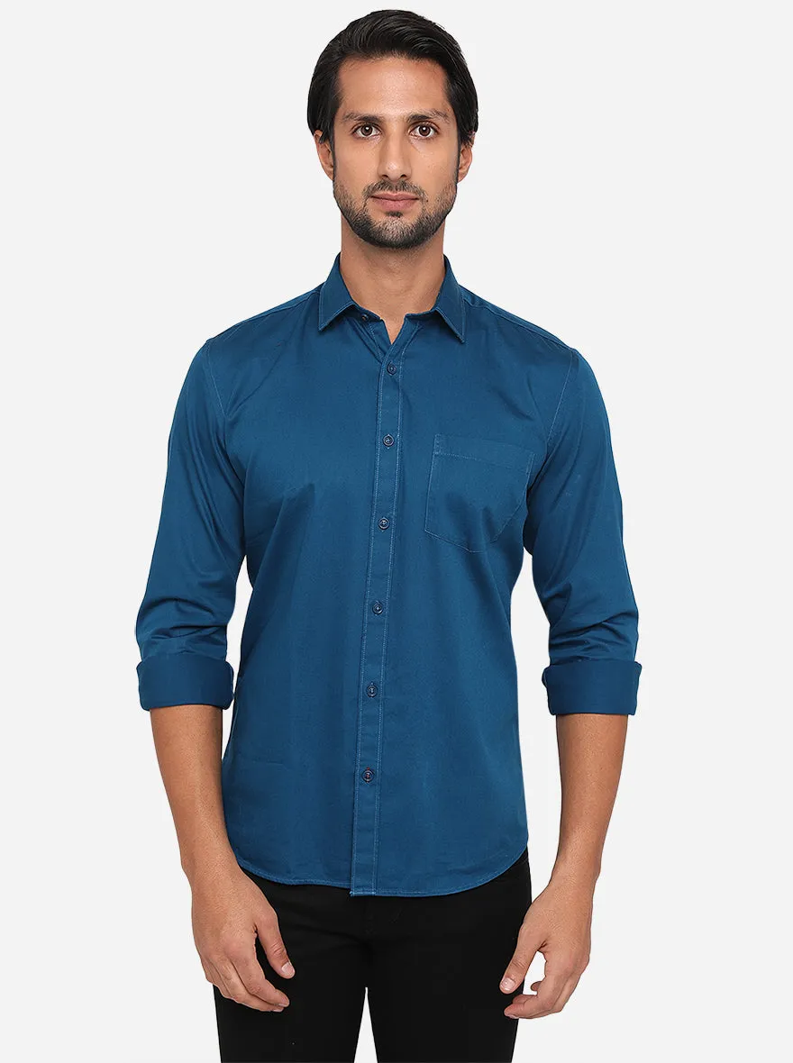 Dark Blue Solid Slim Fit Semi Casual Shirt | JadeBlue