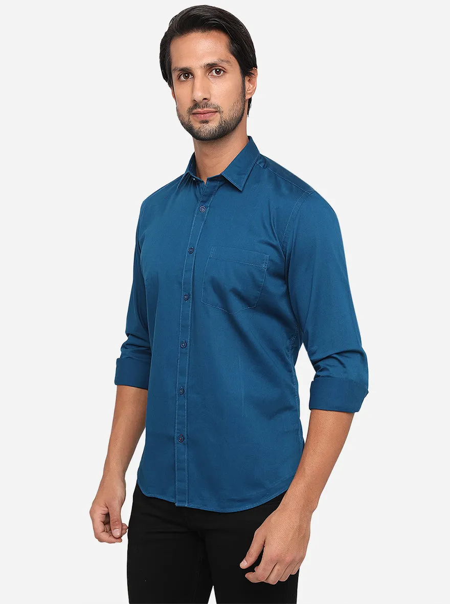 Dark Blue Solid Slim Fit Semi Casual Shirt | JadeBlue