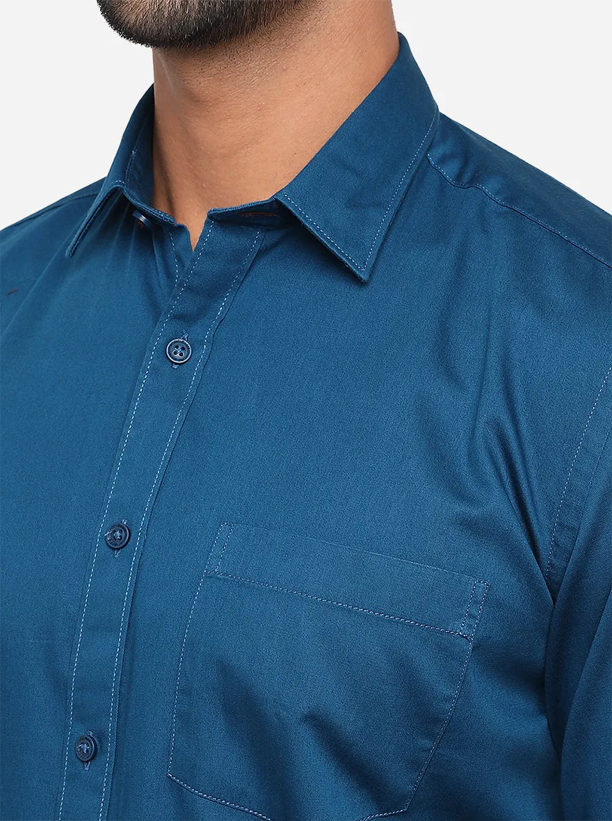 Dark Blue Solid Slim Fit Semi Casual Shirt | JadeBlue