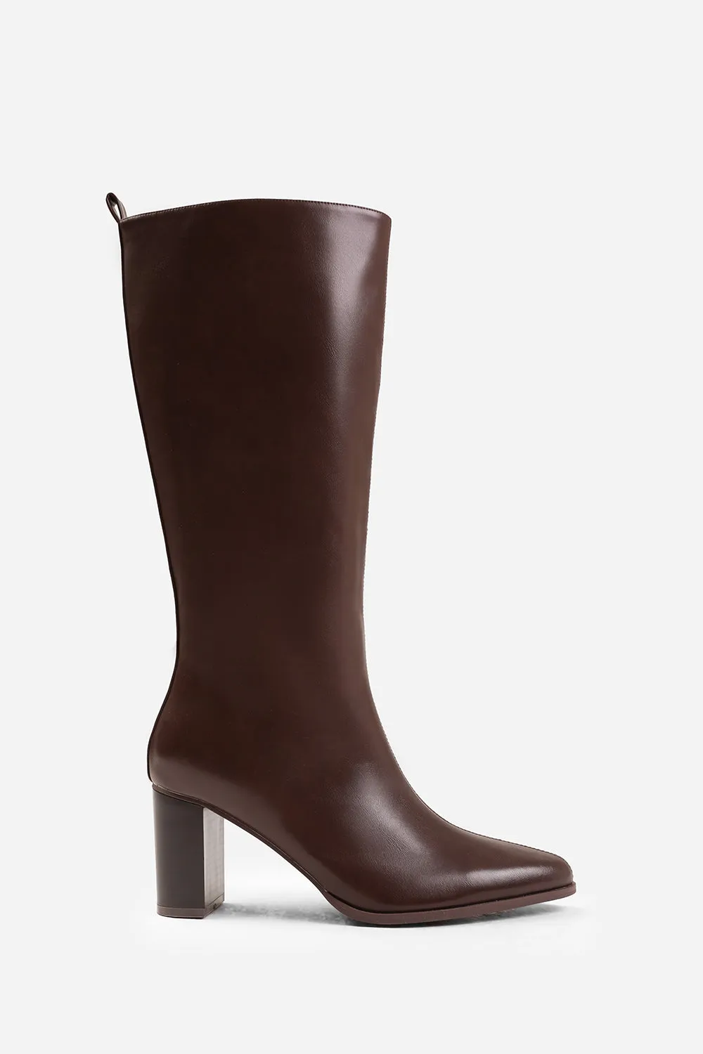 ELDER WIDE CALF BLOCK HEEL KNEE HIGH BOOTS WITH SIDE ZIP IN WIDE E FIT IN BROWN FAUX LEATHER