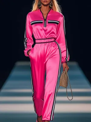 Elegant Sporty Black and White Striped V-neck Hot Pink Satin Jumpsuit