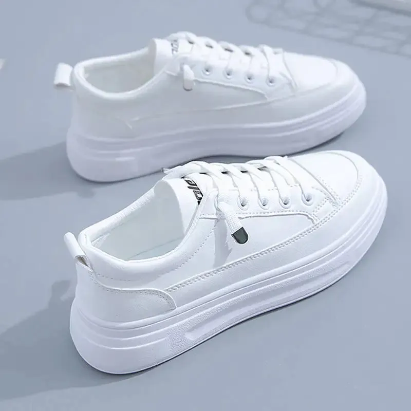 Fashionable Thick-Soled White Lace-Up Sneakers for Women