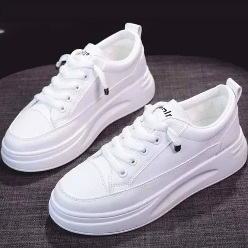 Fashionable Thick-Soled White Lace-Up Sneakers for Women