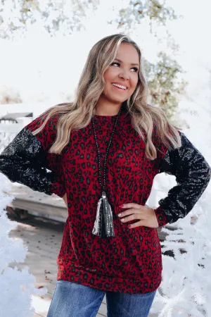 Fiery Leopard Sequin Sleeve Top - Black/Red