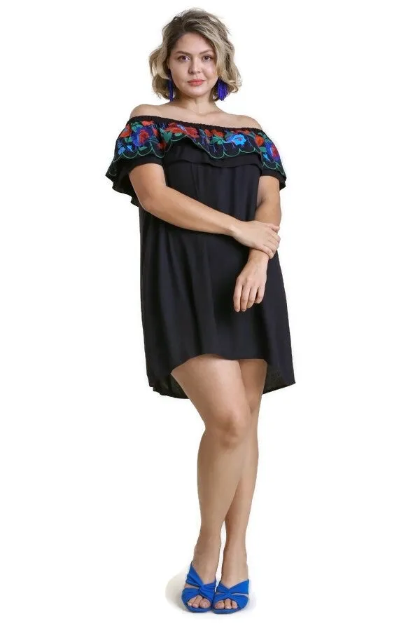 Floral Embroidered Ruffled Dress, Black