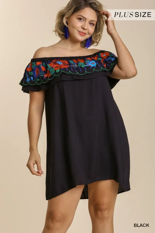 Floral Embroidered Ruffled Dress, Black