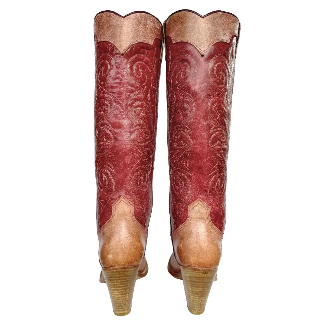 FRYE Vintage Swirl Floral Embroidered Tall Knee High Pink Red Cowgirl Western Boots