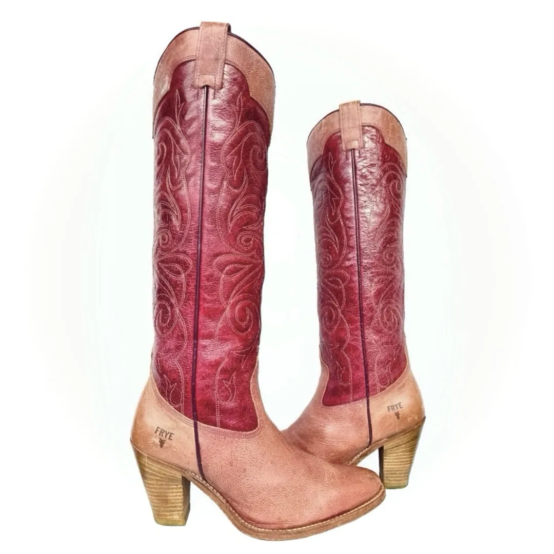 FRYE Vintage Swirl Floral Embroidered Tall Knee High Pink Red Cowgirl Western Boots