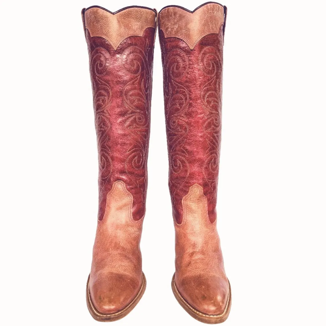 FRYE Vintage Swirl Floral Embroidered Tall Knee High Pink Red Cowgirl Western Boots