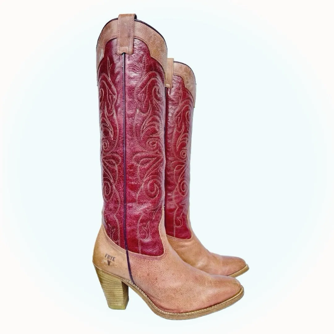 FRYE Vintage Swirl Floral Embroidered Tall Knee High Pink Red Cowgirl Western Boots