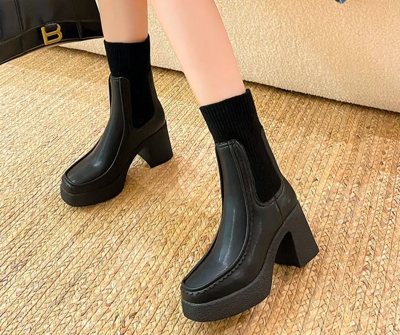 Genuine Leather Chunky High Heels Ankle-Length Boots