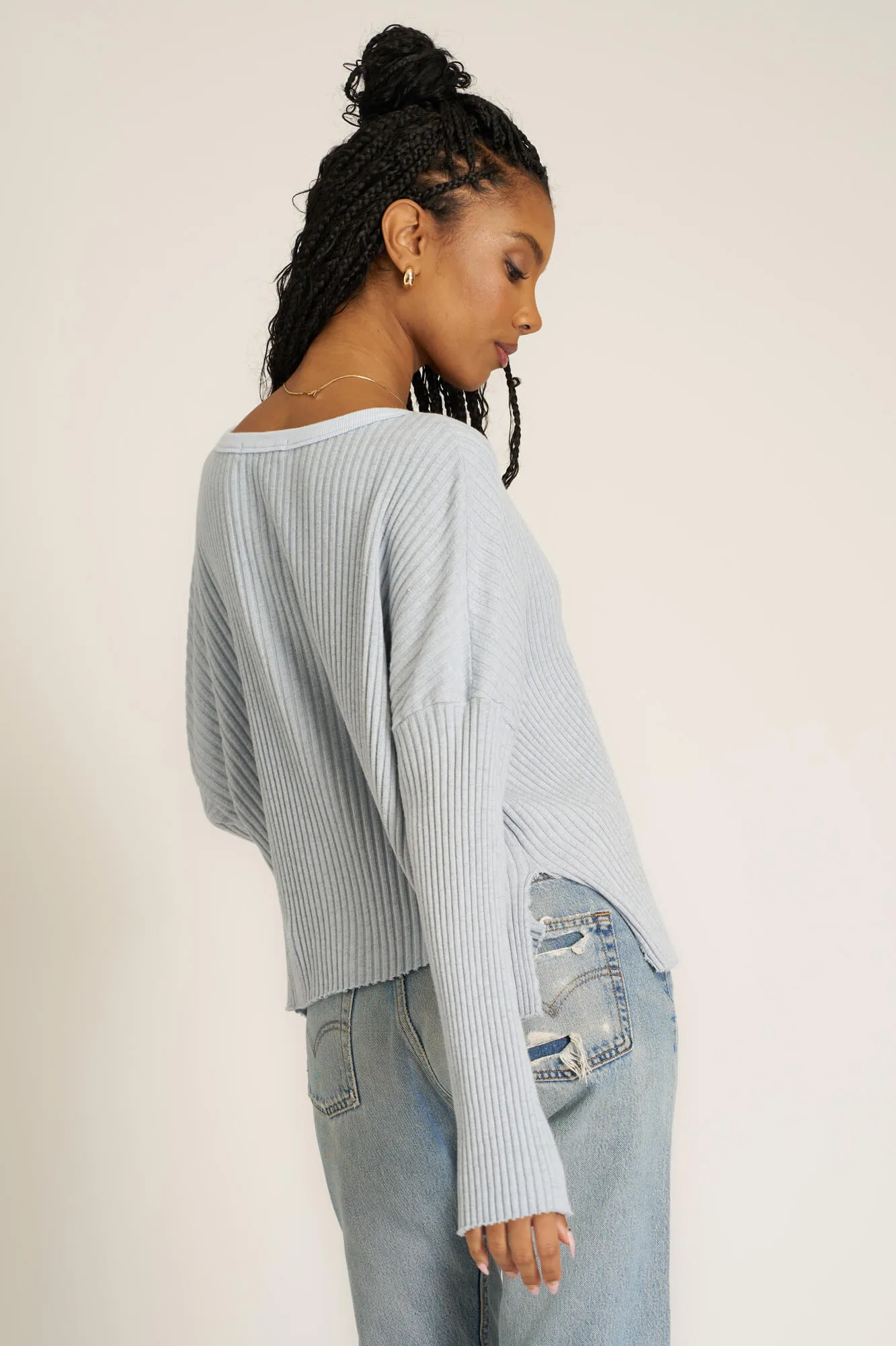 Getaway Notch Neck Sweater Rib Pullover - Blue Dusk