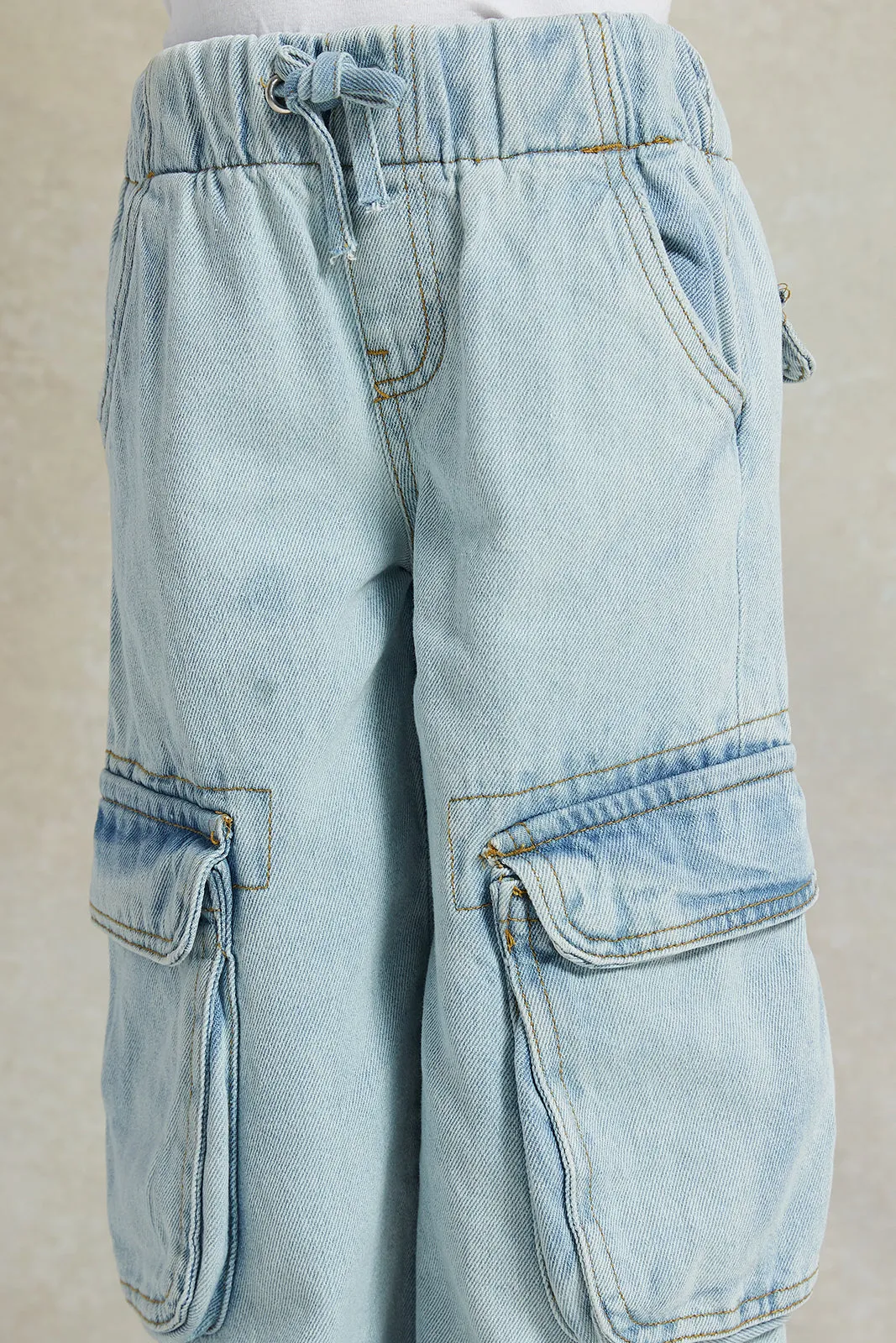 Girls Blue Wide Leg Cargo Denim Jeans