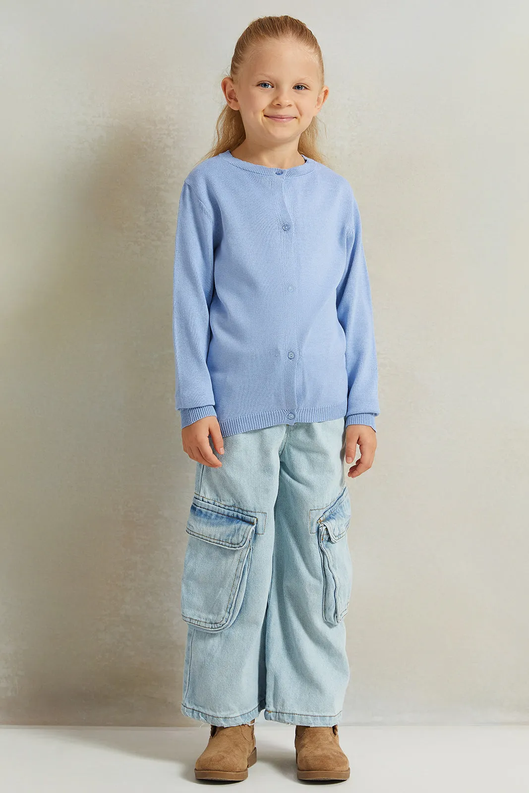 Girls Blue Wide Leg Cargo Denim Jeans