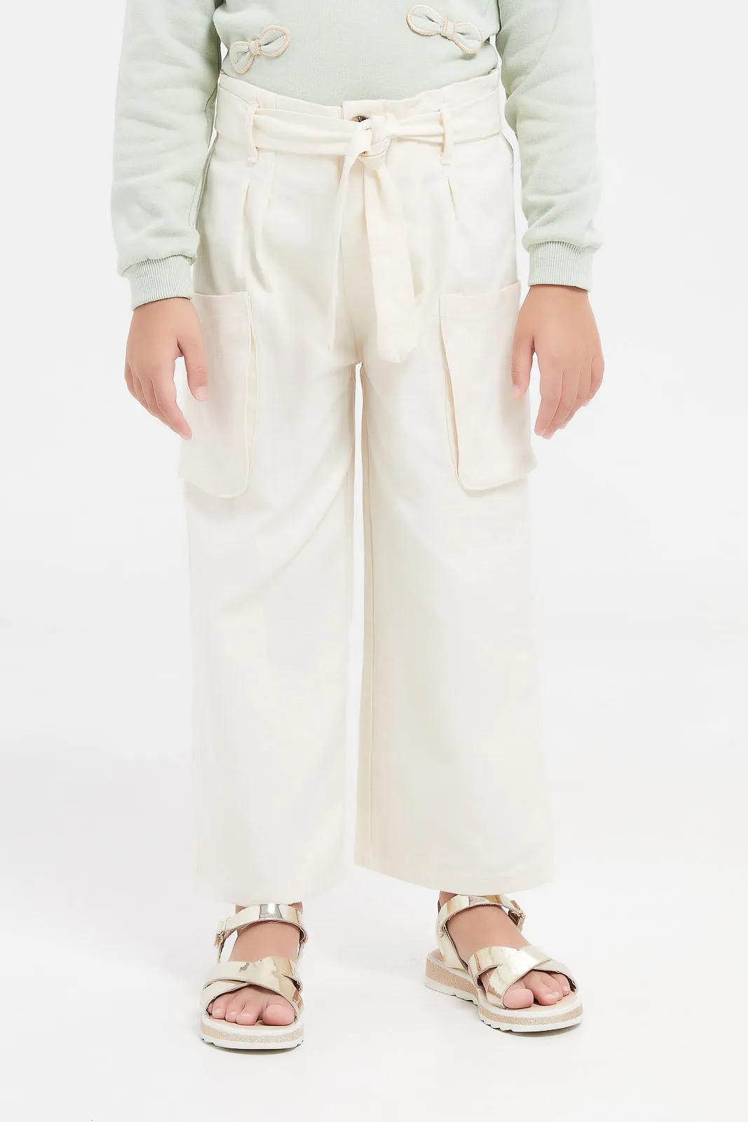 Girls Cream Wide Leg Trouser With Pockets