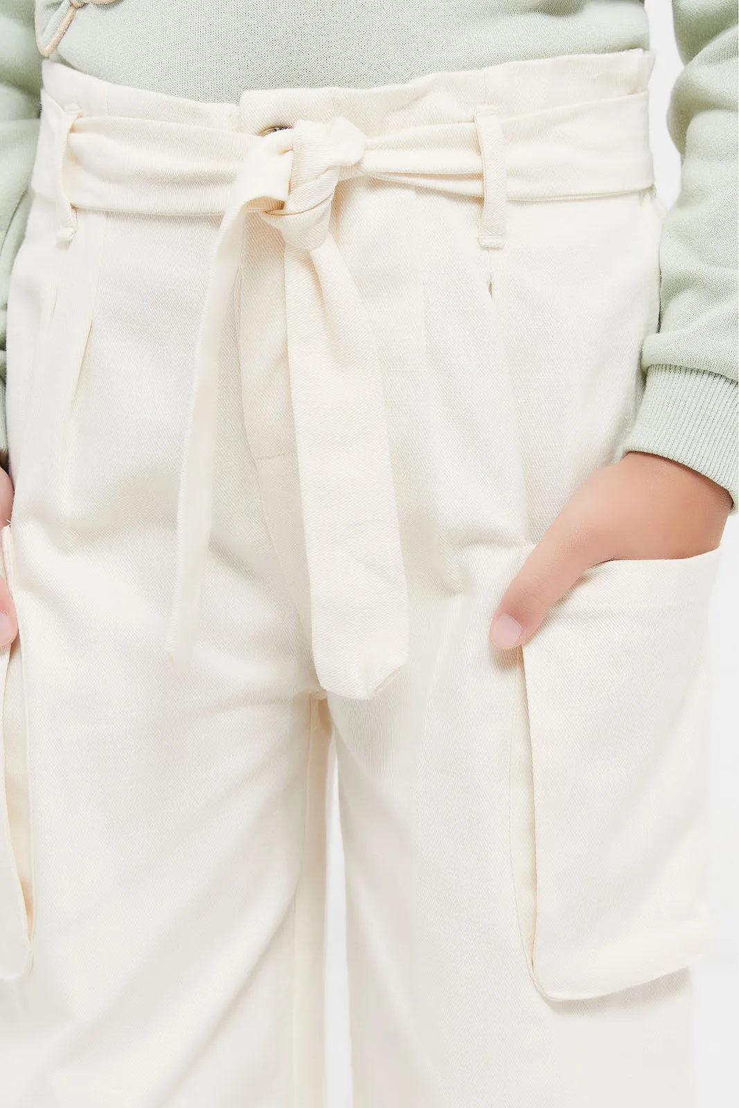 Girls Cream Wide Leg Trouser With Pockets