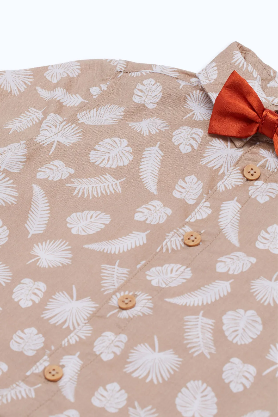 Infant Boys Beige Printed Bow Tie Shirt