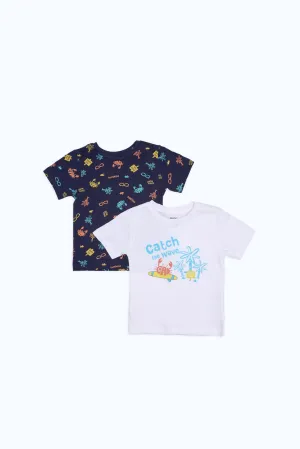 Infant Boys White And Navy Printed T-Shirt Set (Pack of 2)