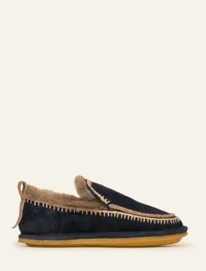 Jude Crochet Sheepskin Slipper Navy Suede Beige