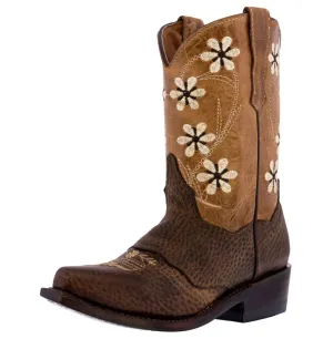 Kids FLR8 Brown Western Cowboy Boots Floral Leather - Snip Toe