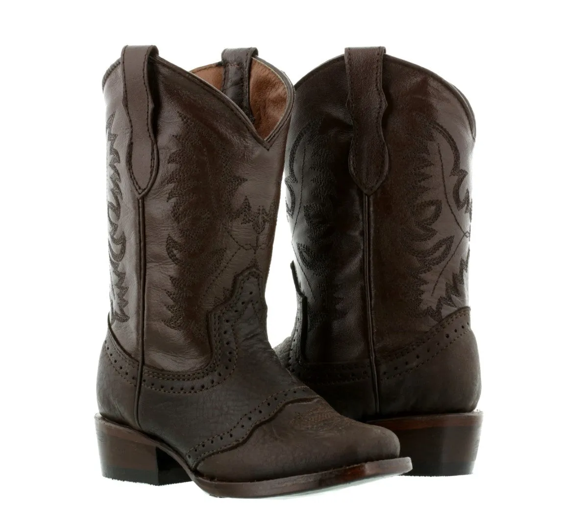 Kids Grizzly Brown Western Cowboy Boots Leather - Square Toe