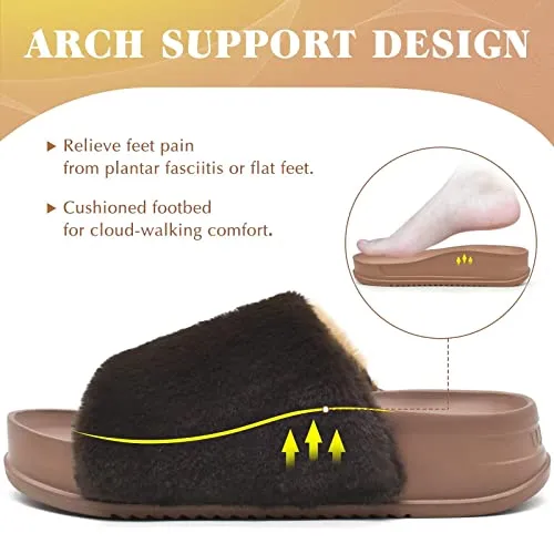 KuaiLu Womens Slides Soft Cushion Faux Fur Sandals for Women Open Toe House Slipper with Arch Support Ladies Slip On Fuzzy Platform Slipper Indoor Outdoor,Brown Size 9