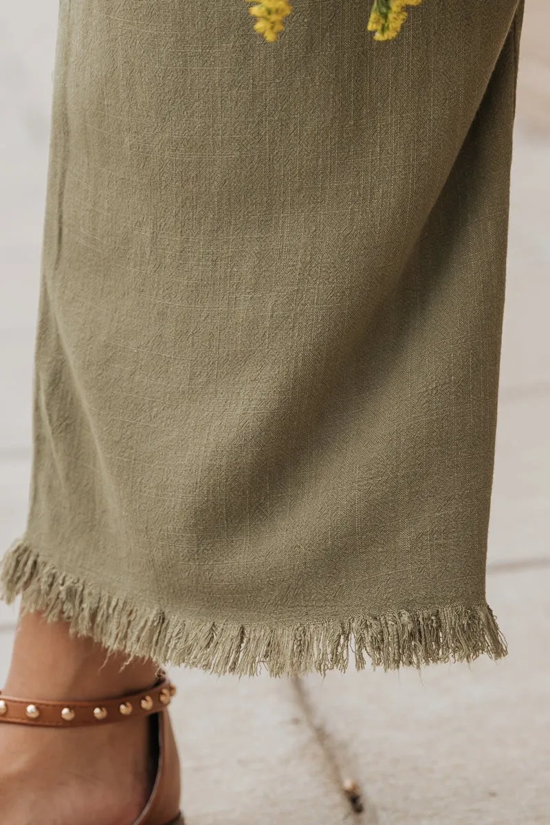 Light Olive Frayed Linen Wide Leg Pants - FINAL SALE