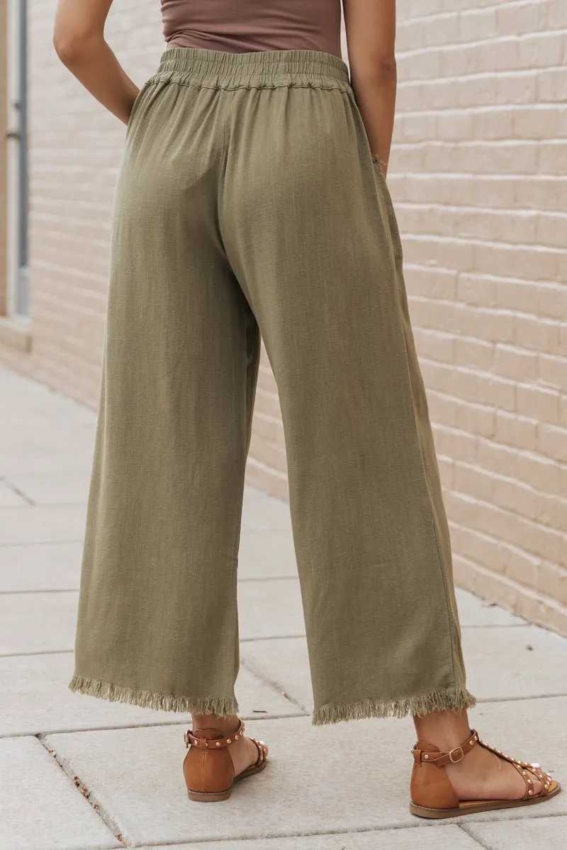 Light Olive Frayed Linen Wide Leg Pants - FINAL SALE