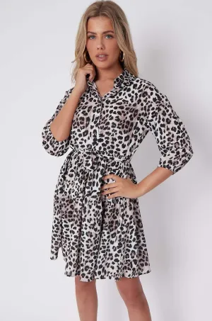 LOVE SUNSHINE Taupe Leopard Print Oversized Smock Mini Dress