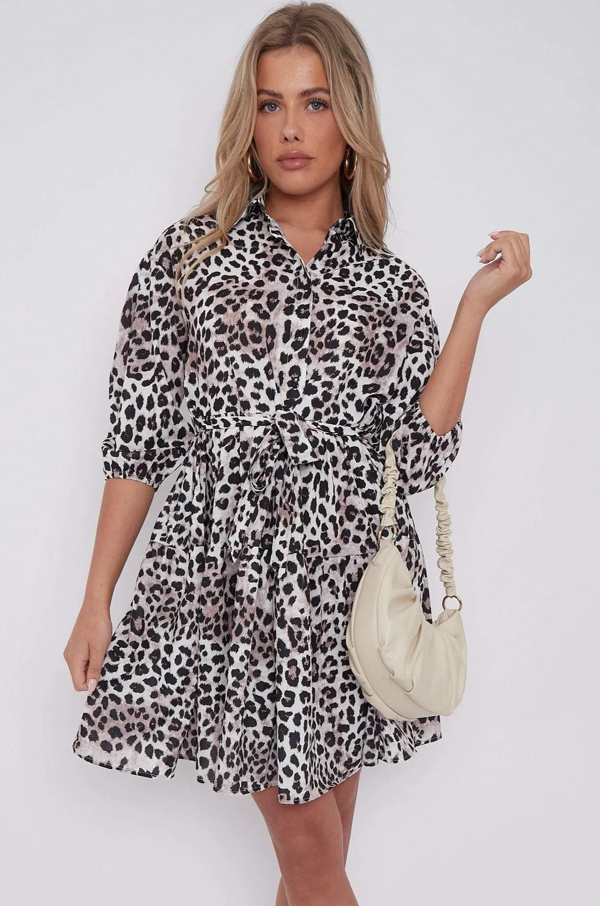 LOVE SUNSHINE Taupe Leopard Print Oversized Smock Mini Dress