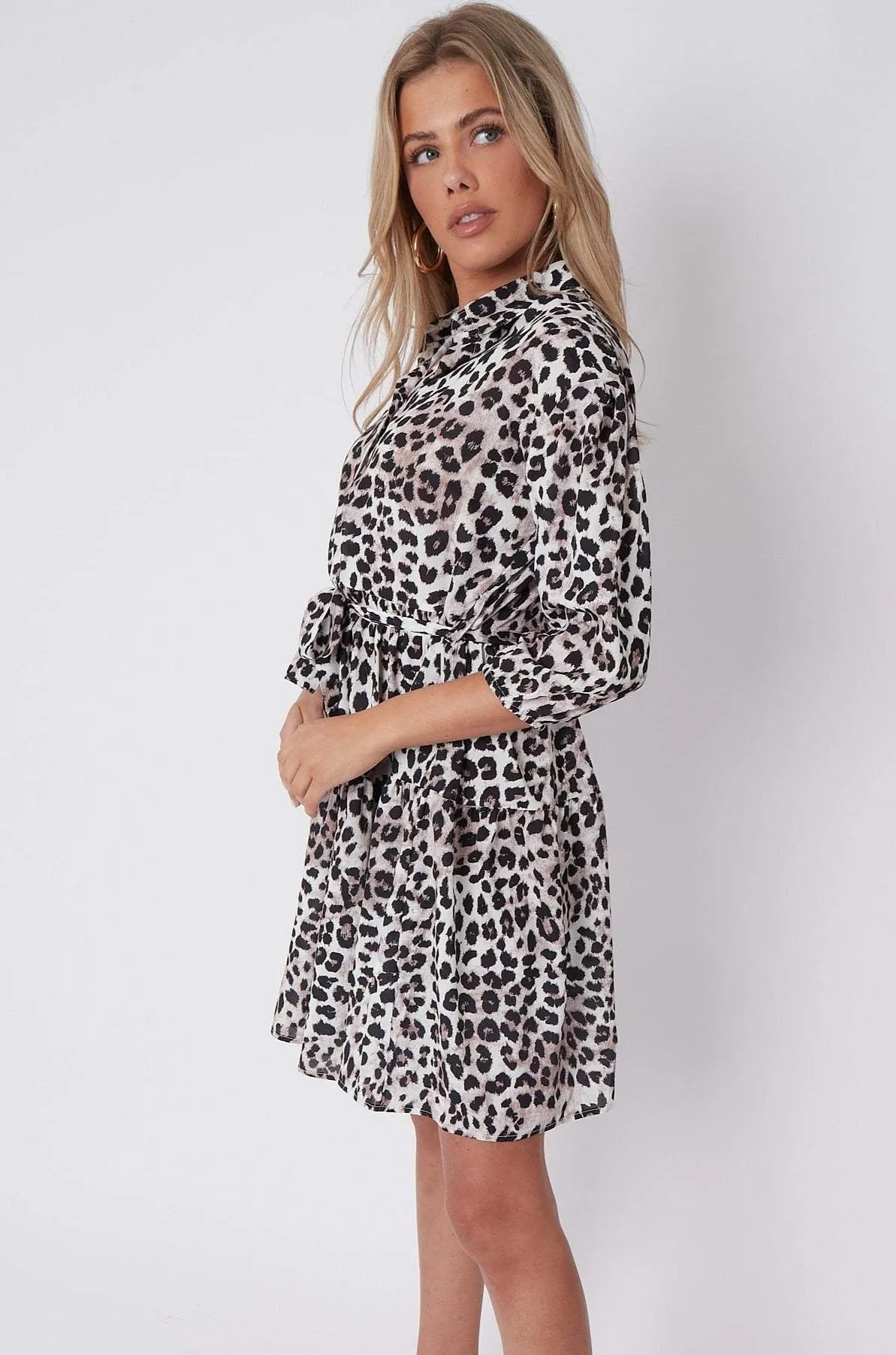 LOVE SUNSHINE Taupe Leopard Print Oversized Smock Mini Dress