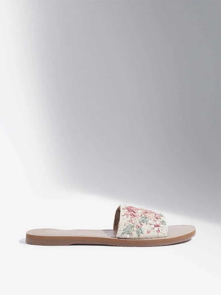 LUNA BLU Blush Pink Floral Embroidered Slides