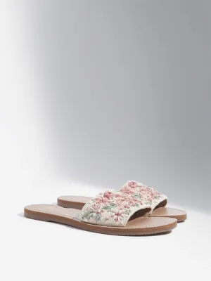 LUNA BLU Blush Pink Floral Embroidered Slides