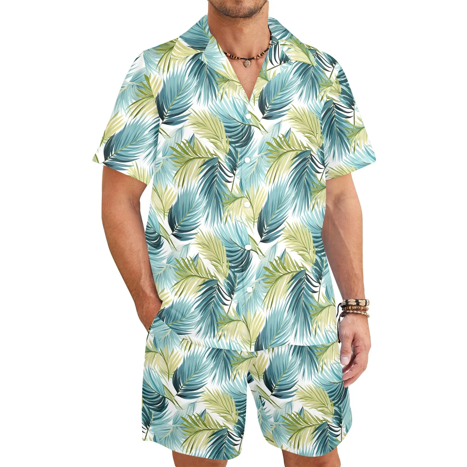 Men's Shirt & Shorts Set Palm Leaves Men's Shirt and Shorts Outfit (Set26)