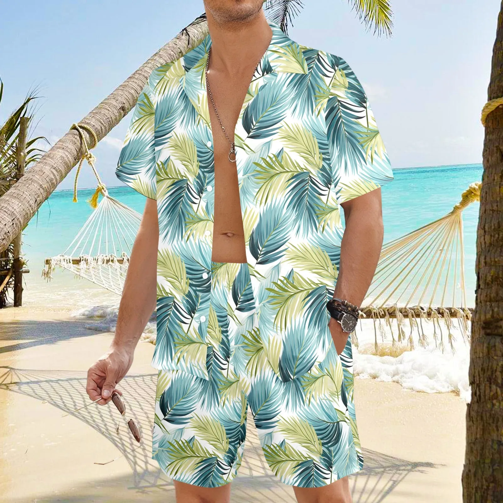 Men's Shirt & Shorts Set Palm Leaves Men's Shirt and Shorts Outfit (Set26)