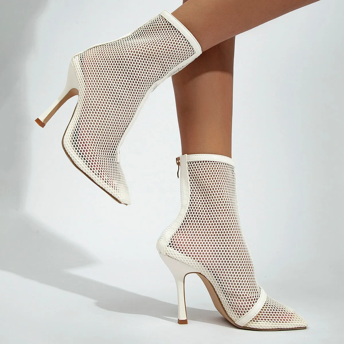 Mesh Netted Square Toe Stiletto Ankle Boots