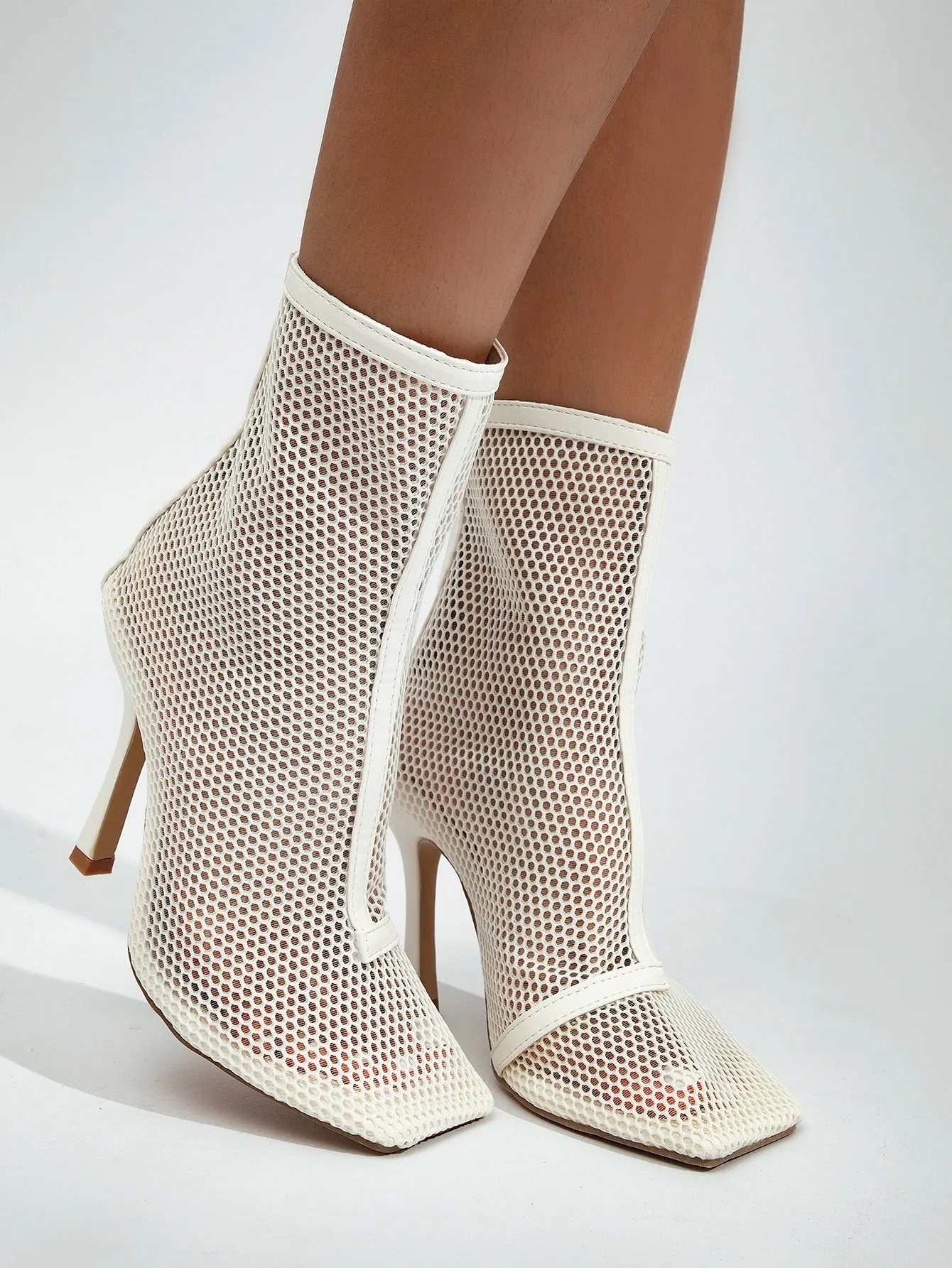 Mesh Netted Square Toe Stiletto Ankle Boots