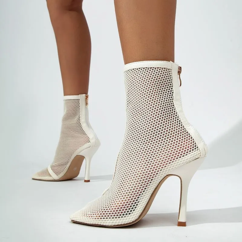 Mesh Netted Square Toe Stiletto Ankle Boots