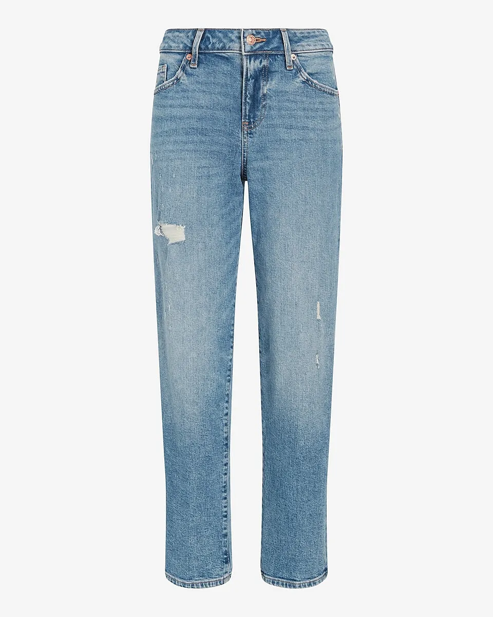 Mid Rise Medium Wash Ripped Boyfriend Jeans in Medium Wash