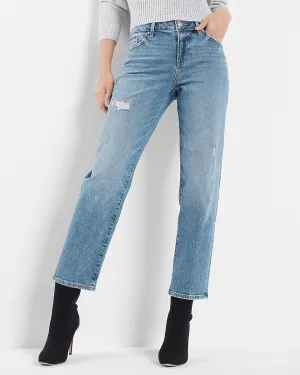 Mid Rise Medium Wash Ripped Boyfriend Jeans in Medium Wash