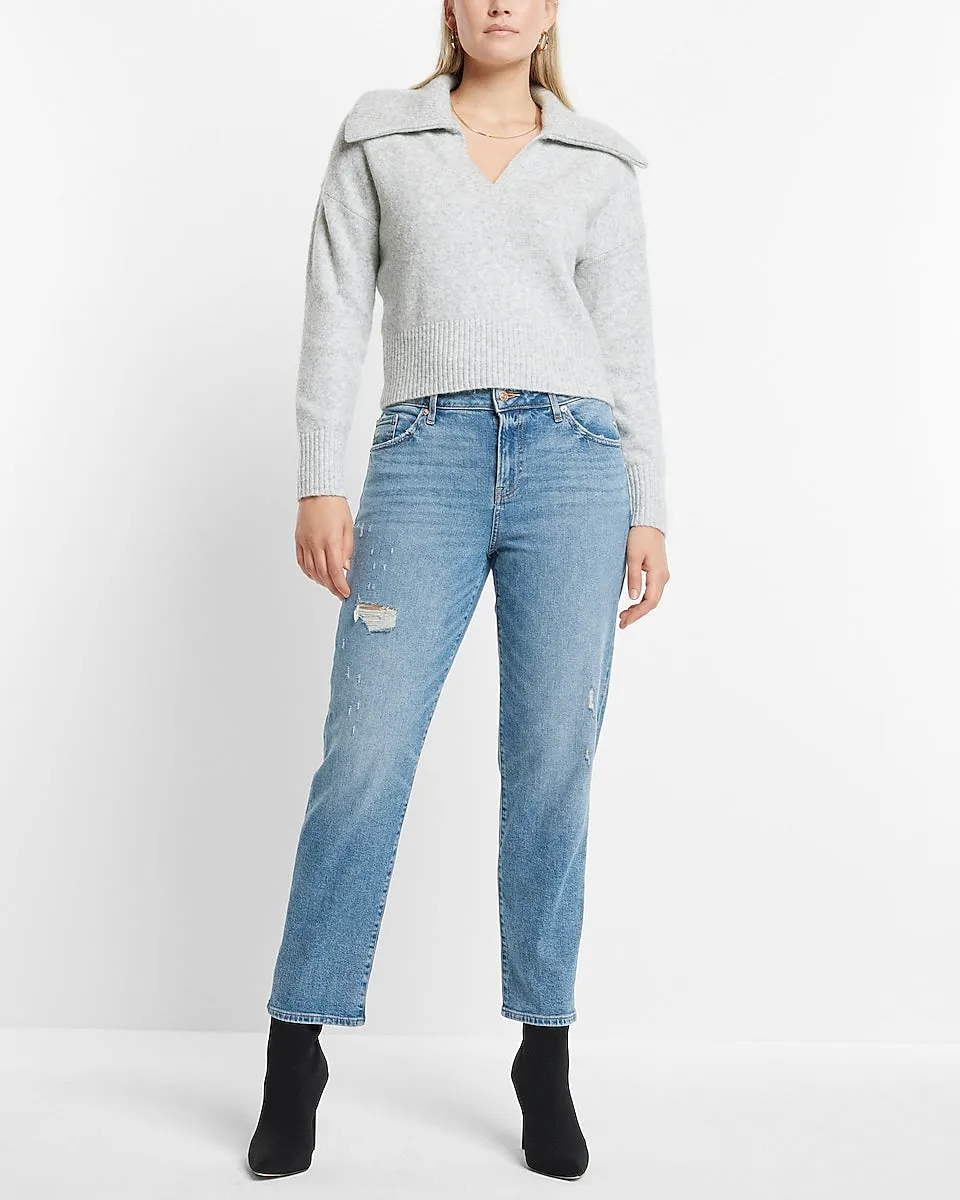 Mid Rise Medium Wash Ripped Boyfriend Jeans in Medium Wash