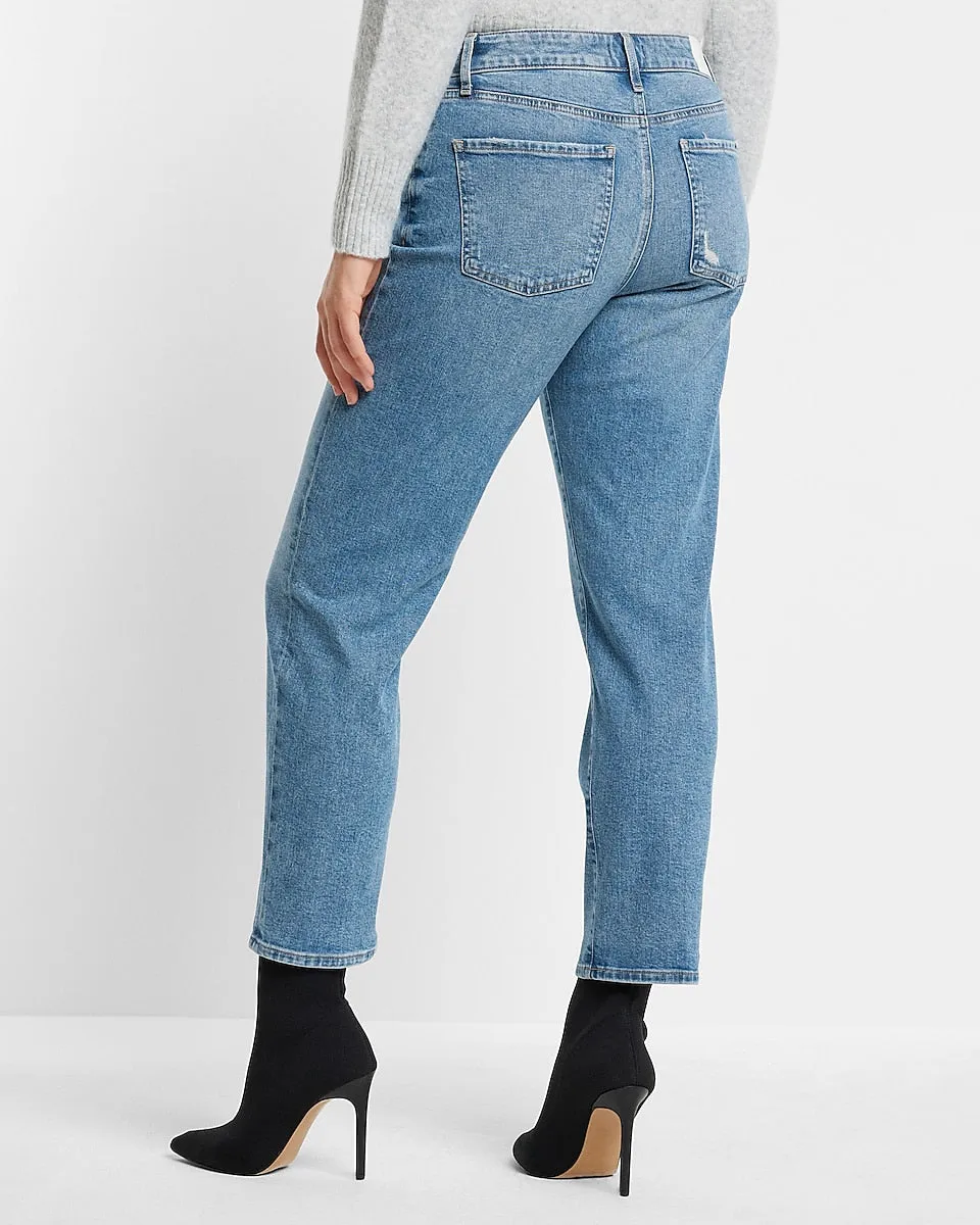 Mid Rise Medium Wash Ripped Boyfriend Jeans in Medium Wash