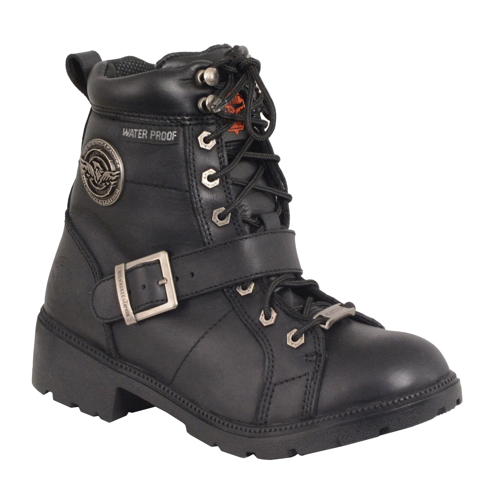 Milwaukee Leather MBL9326WP Women's Premium Black Leather Lace-Up Waterproof Motorcyle Rider Boots